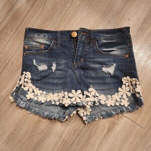 Denim Distressed Shorts with Lace Trim